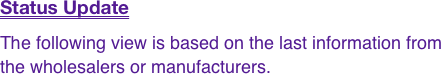 Status Update
The following view is based on the last information from the wholesalers or manufacturers. Note however: quite often the seem to change their minds without telling us.